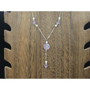 18 Inch Sterling Silver Amethyst Stone Hearts With Pearls Necklace
